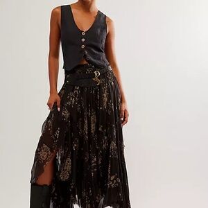Free People One Clover Skirt – Black Floral Asymmetrical Maxi (Size M)
